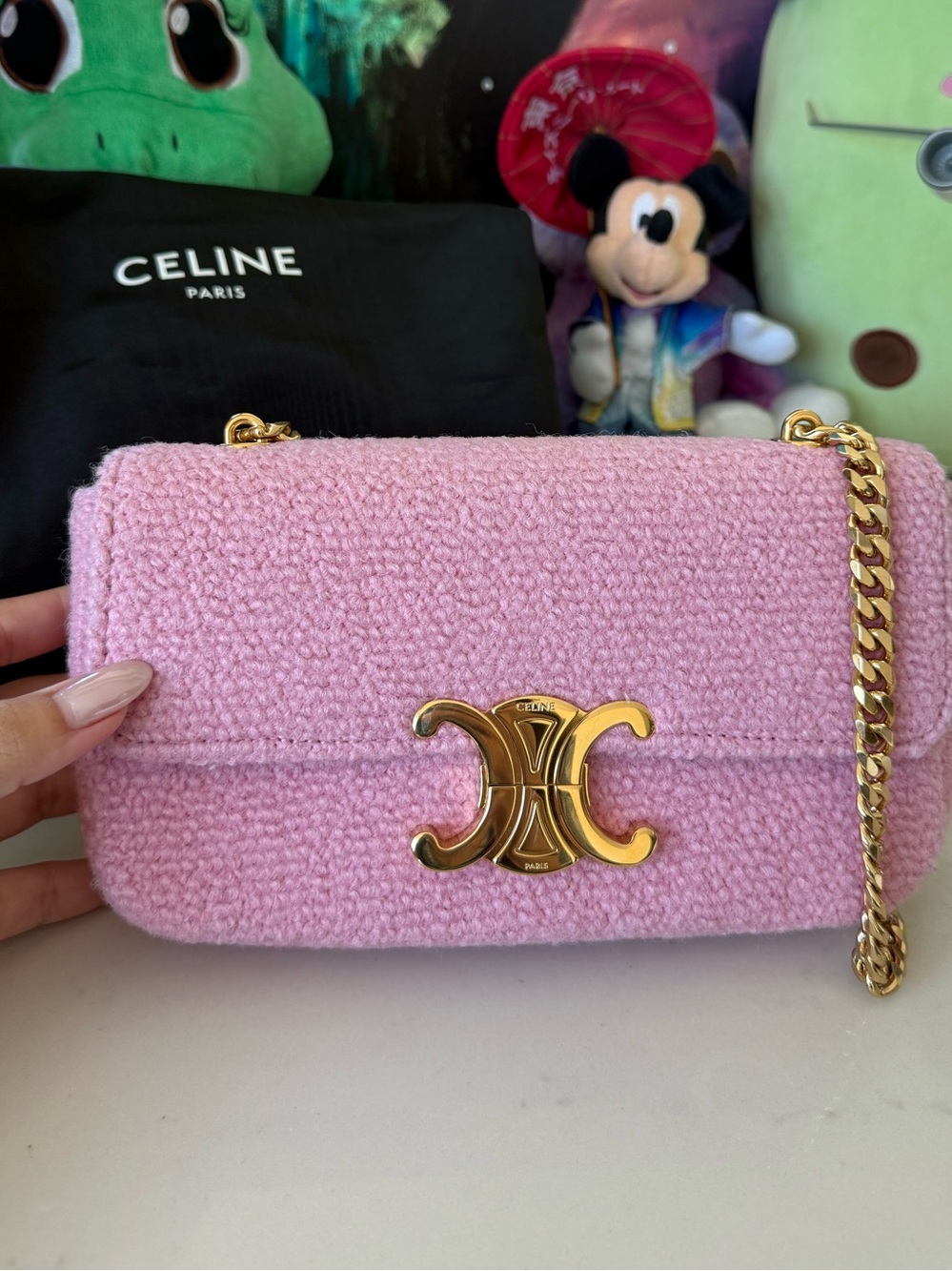 Celine Pink Bouclé Triomphe Chain Shoulder Bag with Gold Hardware